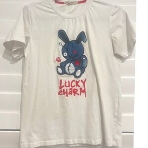 BKYS Lucky Charm Voodoo Embroidered Bunny Graphic Tee White Short Sleeve Size 14